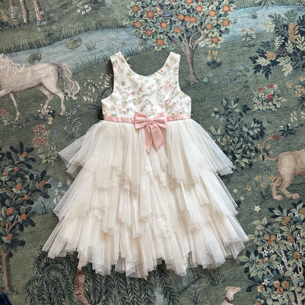 American Princess Ivory Dress with Pink bow and embroidery size 6